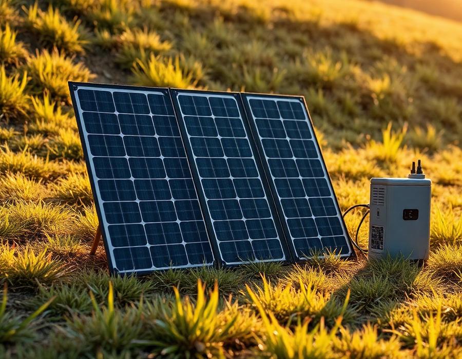 Folding solar panels connected to a portable power station